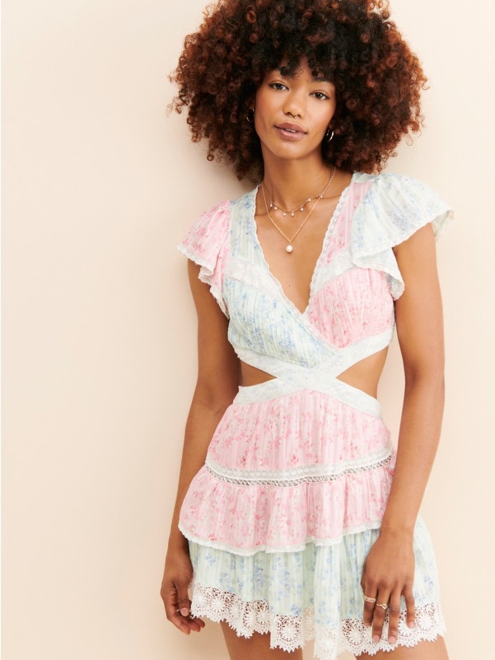 LoveShackFancy Pastel Pink & Light Blue Cutout Tiered Mini Dress